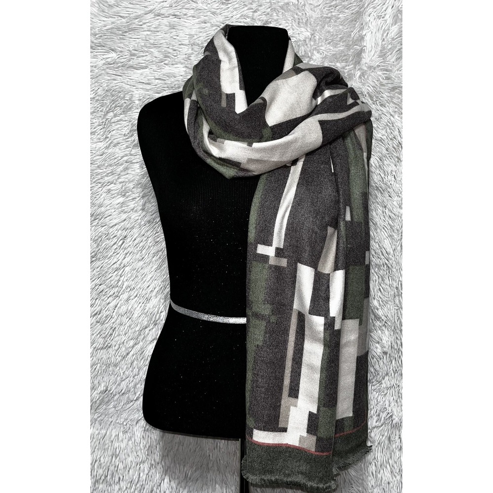 Women's Fashion Scarf Polyester Viscose Blend Green Gray Shawl Wrap 30x72 - Picture 3 of 7